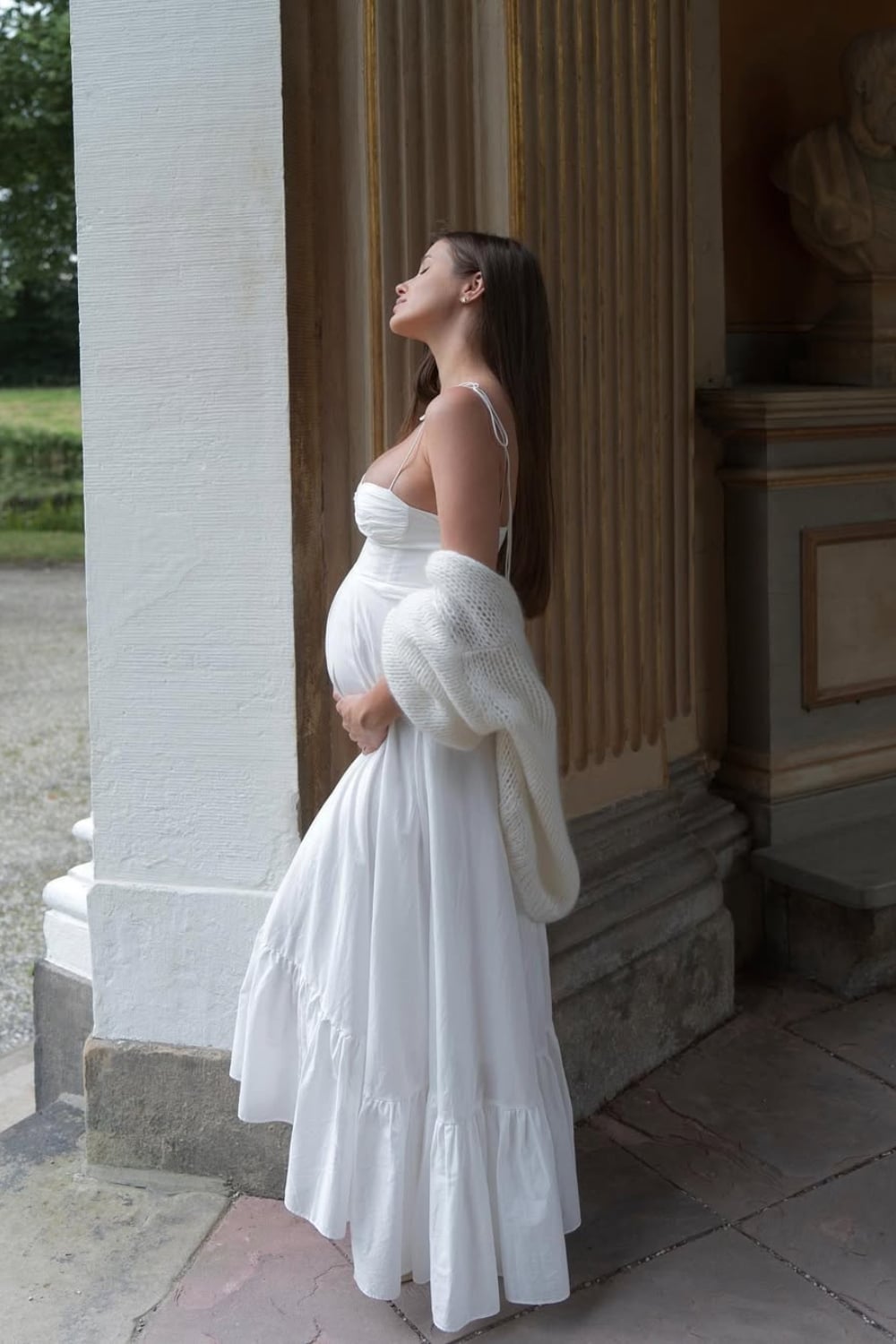 White Tiered Maxi Dress with Knit Cardigan White Tiered Maxi Dress with Knit Cardigan — Classy Maternity Photoshoot Outfits