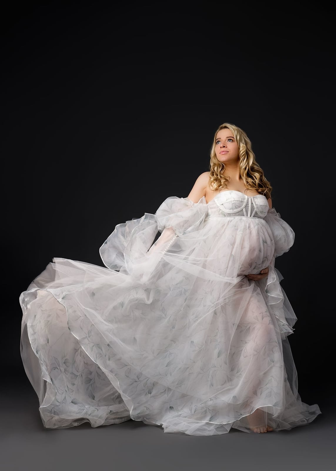 White Voluminous Organza Gown White Voluminous Organza Gown — Classy Maternity Photoshoot Outfits