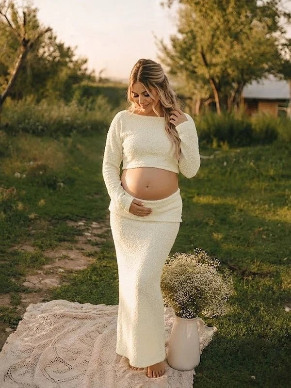 Cream Textured Knit Two-Piece Set Cream Textured Knit Two-Piece Set — Classy Maternity Photoshoot Outfits