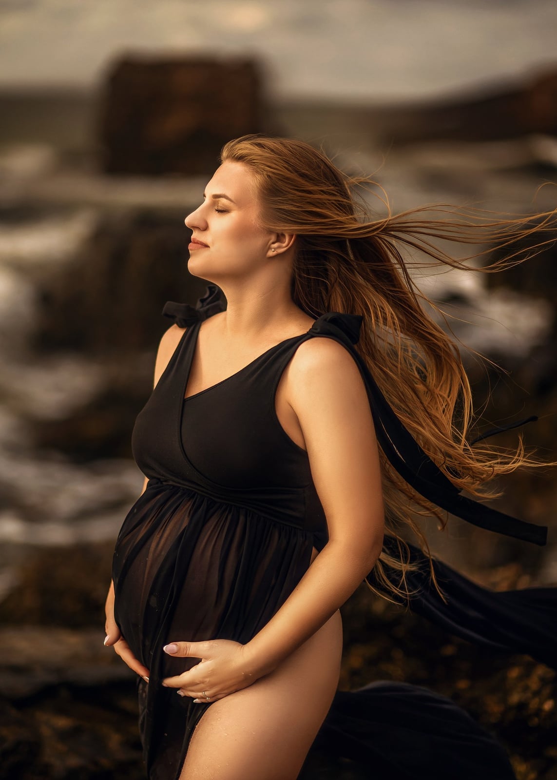 Black Dress with Sheer Flowing Skirt Black Dress with Sheer Flowing Skirt — Classy Maternity Photoshoot Outfits