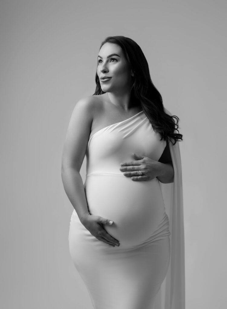 White One Shoulder Draped Dress White One Shoulder Draped Dress — Classy Maternity Photoshoot Outfits