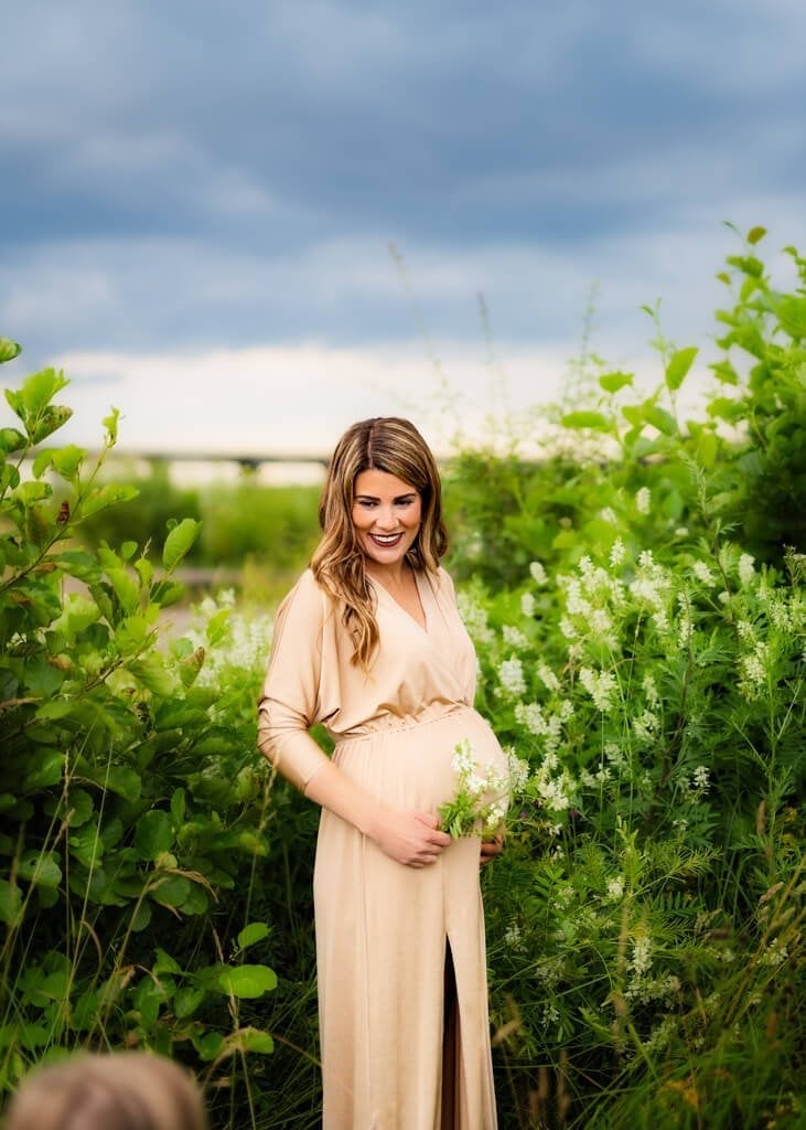 Beige Wrap Maxi Dress with High Slit Beige Wrap Maxi Dress with High Slit — Classy Maternity Photoshoot Outfits