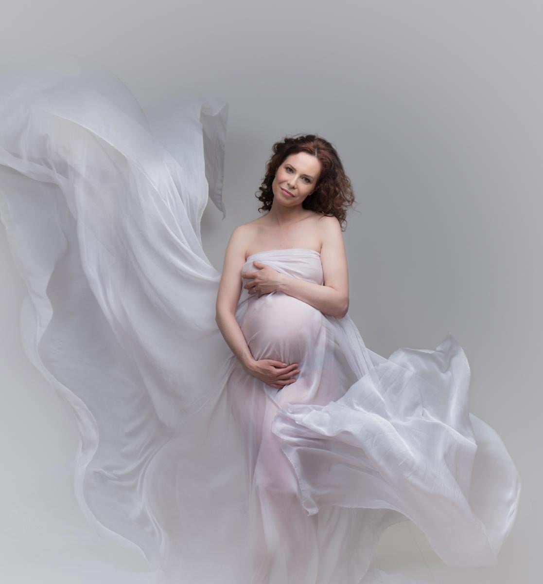 White Bandeau with Sheer Flowing Fabric White Bandeau with Sheer Flowing Fabric — Classy Maternity Photoshoot Outfits