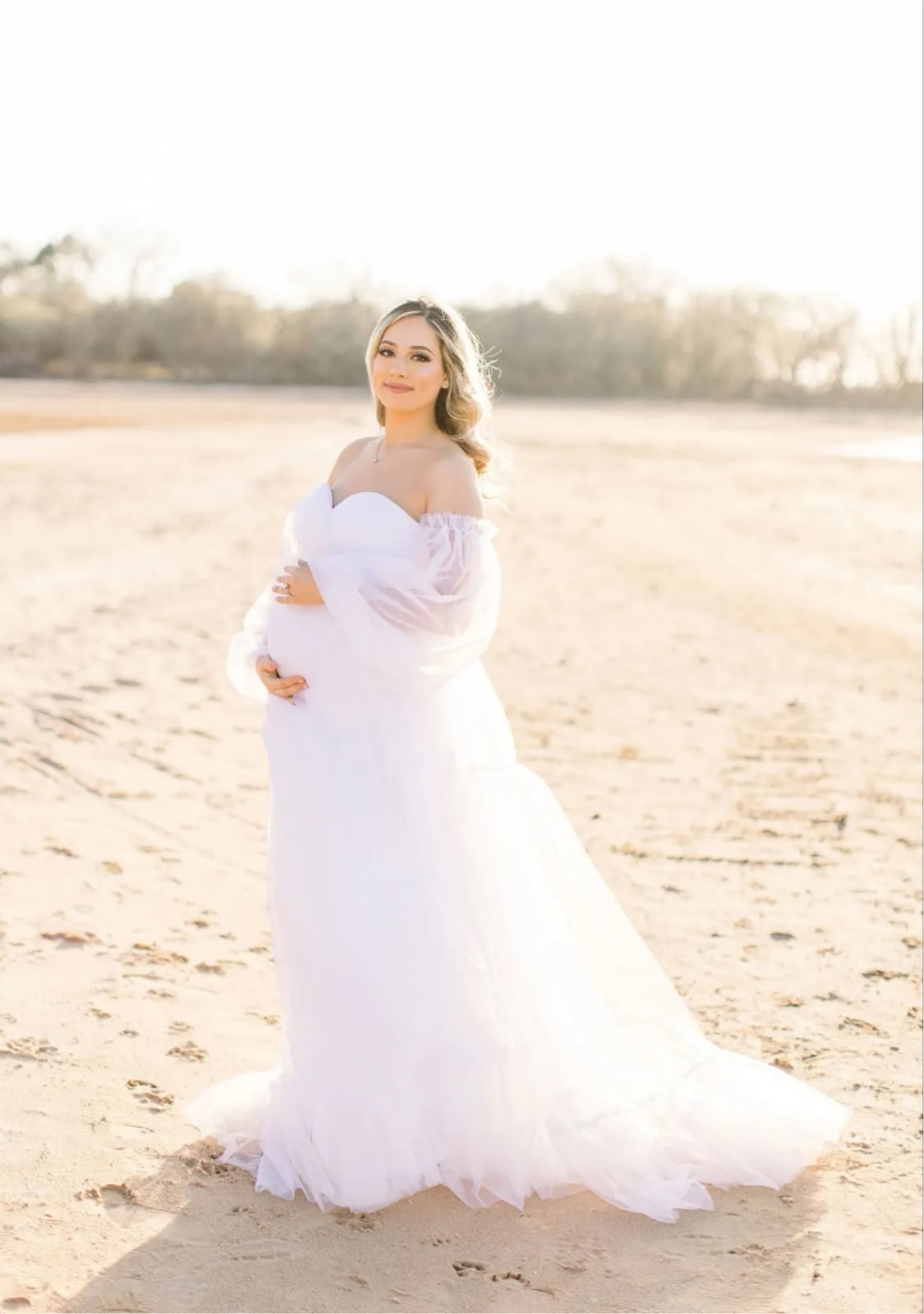White Off Shoulder Tulle Maxi Dress White Off Shoulder Tulle Maxi Dress — Classy Maternity Photoshoot Outfits