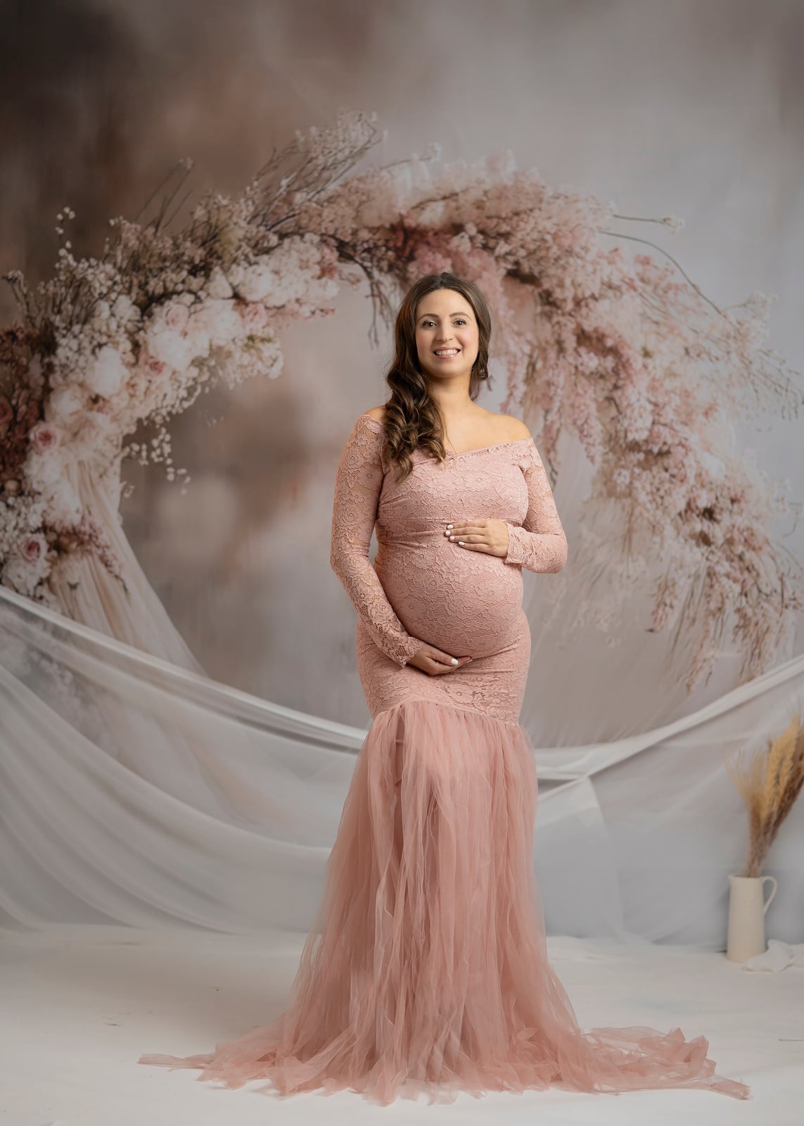 Pink Off Shoulder Lace Dress with Mermaid Skirt Pink Off Shoulder Lace Dress with Mermaid Skirt — Classy Maternity Photoshoot Outfits