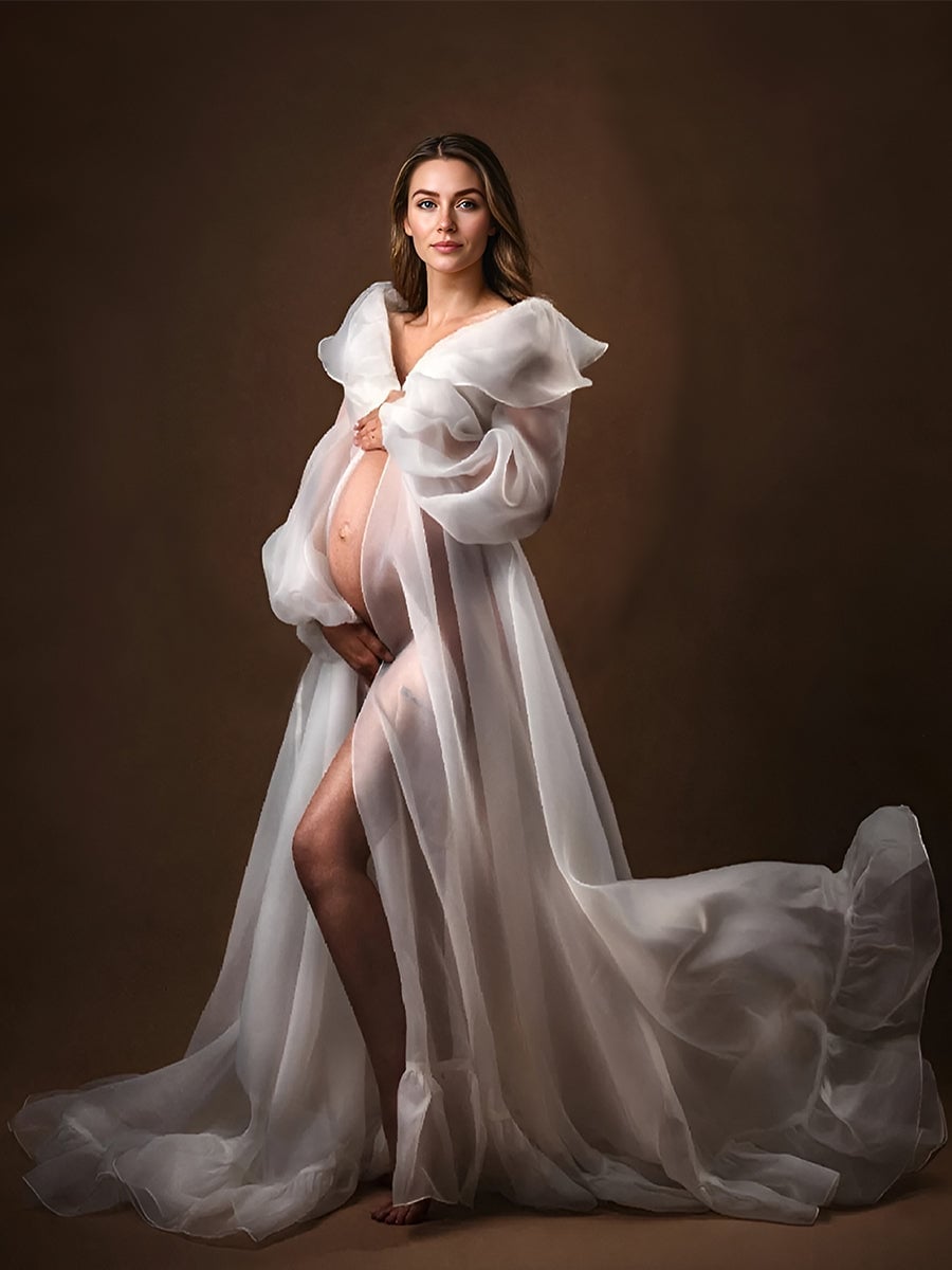 Sheer Organza Robe with Puffy Sleeves Sheer Organza Robe with Puffy Sleeves — Classy Maternity Photoshoot Outfits