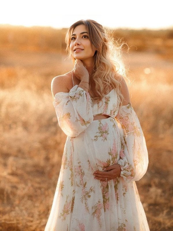 Floral Print Off Shoulder Dress with Cutouts Floral Print Off Shoulder Dress with Cutouts — Classy Maternity Photoshoot Outfits