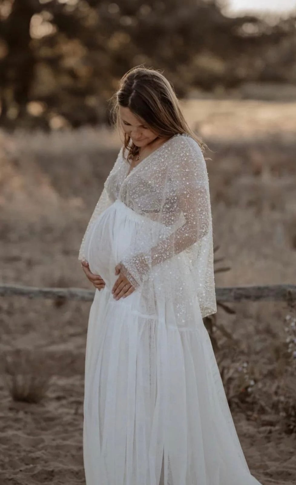 White Tiered Dress with Sparkly Overlay White Tiered Dress with Sparkly Overlay — Classy Maternity Photoshoot Outfits