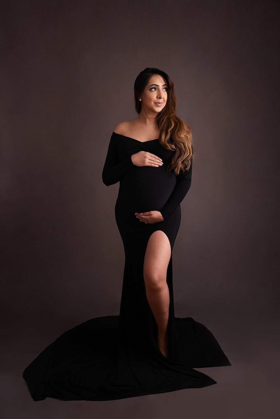 Black Off Shoulder Maxi Dress with High Slit, Lycra Black Off Shoulder Maxi Dress with High Slit, Lycra — Classy Maternity Photoshoot Outfits