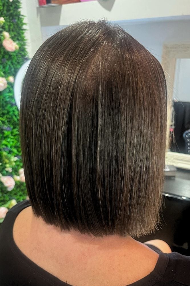 Blunt Chin Bob Dark Brown Grey Highlights — Classy Medium Bob