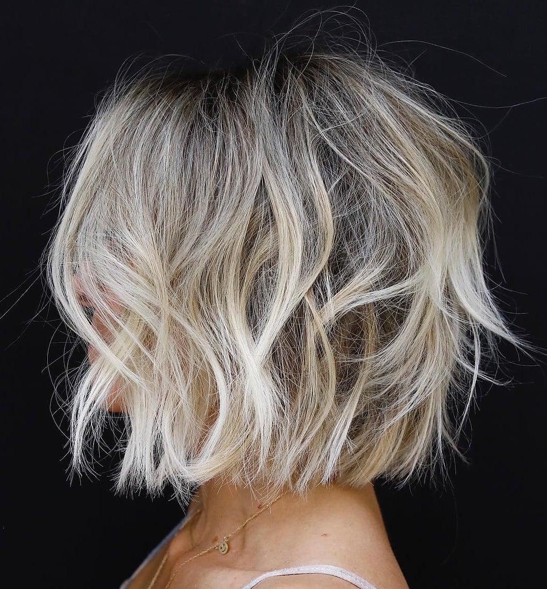 Chin Bob Platinum Blonde Textured Waves — Classy Medium Bob