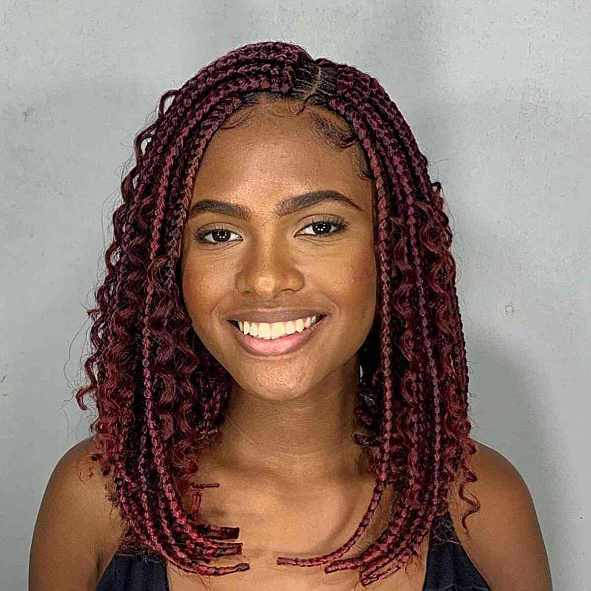 Collarbone Box Braids Dark Red Wavy Ends Collarbone Box Braids Dark Red Wavy Ends — Classy Medium Braids