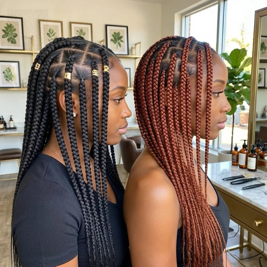 Collarbone Box Braids Neat Middle Part Collarbone Box Braids Neat Middle Part — Classy Medium Braids