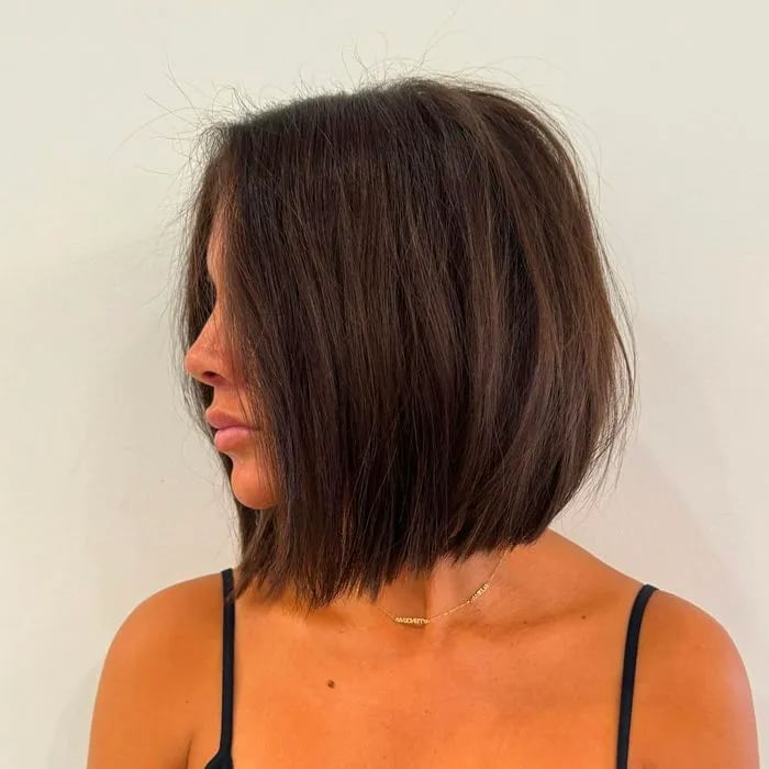 Chin Length Dark Brown Blunt Bob With Tucked Ends Chin Length Dark Brown Blunt Bob With Tucked Ends — Classy Mid Length Hair