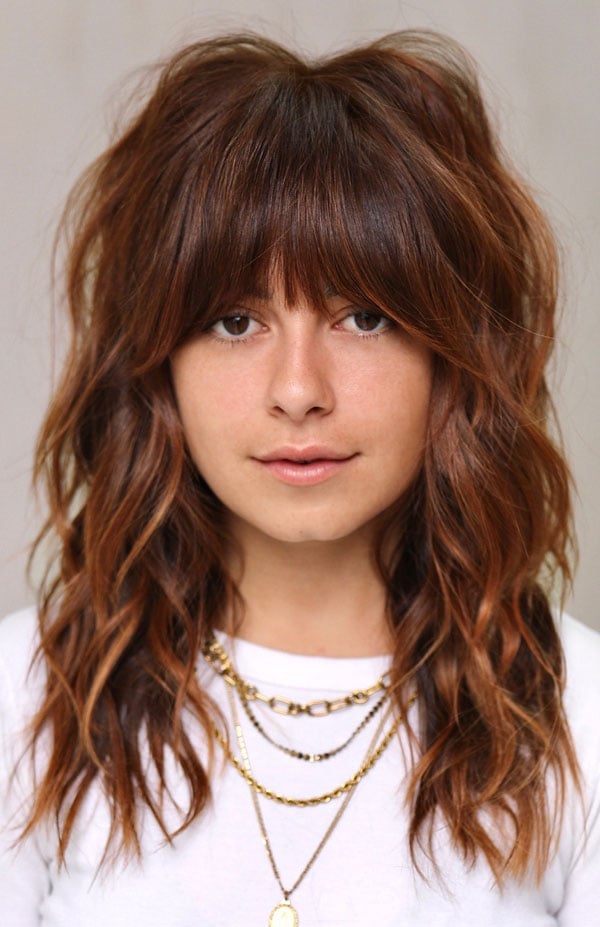 Shoulder Length Copper Shag With Full Bangs Shoulder Length Copper Shag With Full Bangs — Classy Mid Length Hair