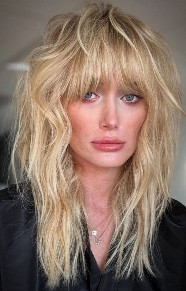 Platinum Blonde Shoulder Shag With Root Shadow Platinum Blonde Shoulder Shag With Root Shadow — Classy Mid Length Hair