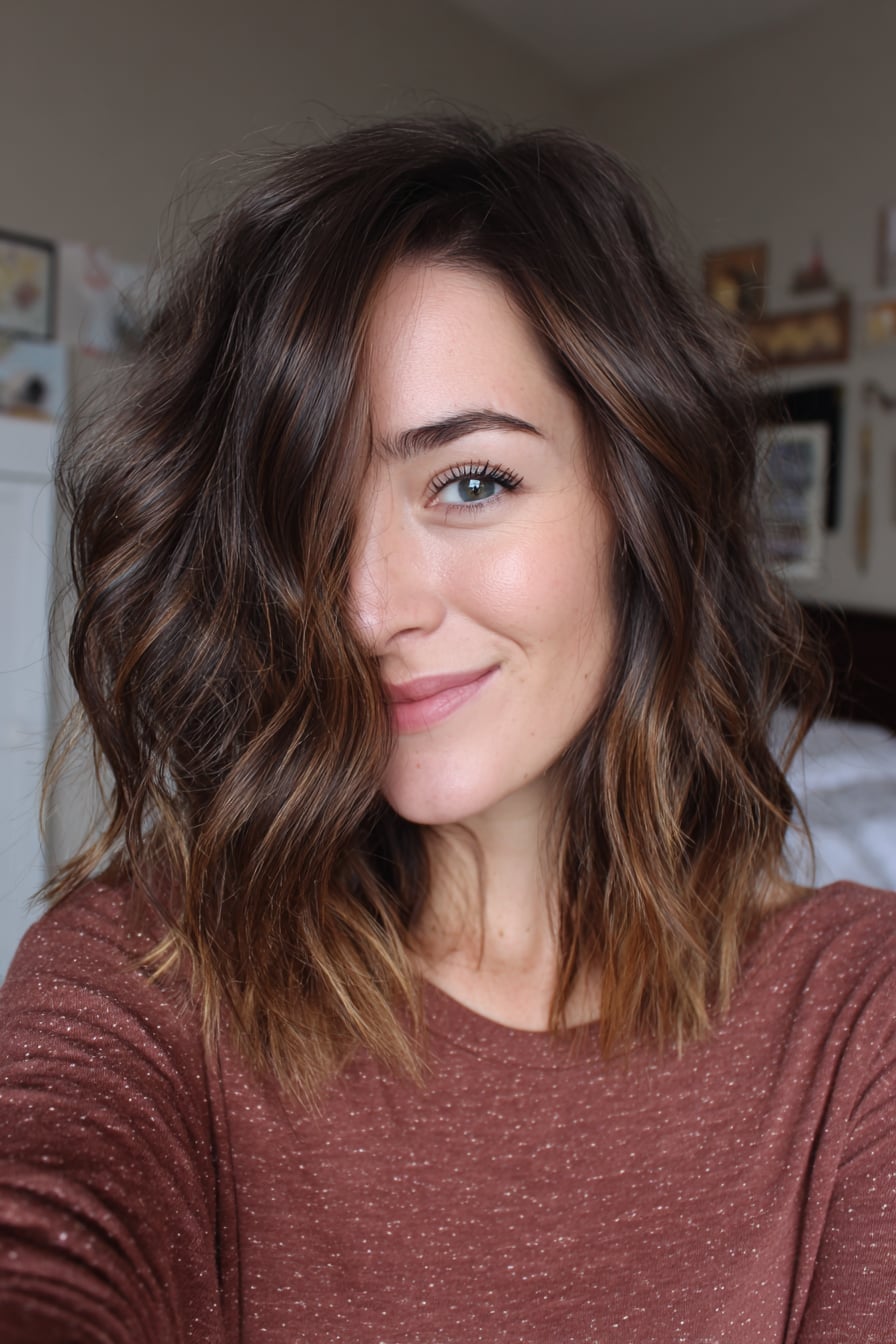 Dark Brown Collarbone Waves With Caramel Highlights Dark Brown Collarbone Waves With Caramel Highlights — Classy Mid Length Hair