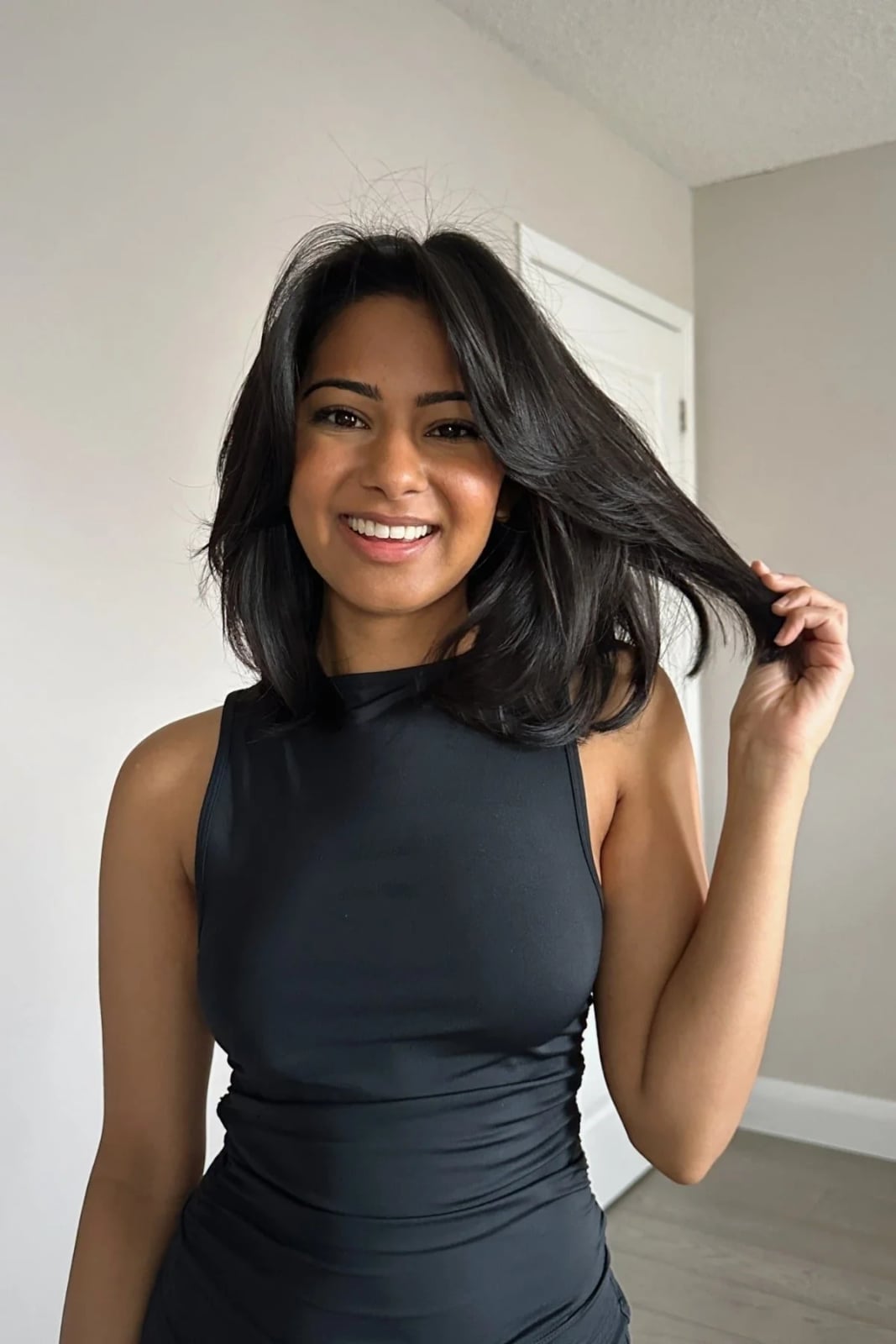 Chin Length Dark Brown Bob With Layers And Curtain Bangs Chin Length Dark Brown Bob With Layers And Curtain Bangs — Classy Mid Length Hair