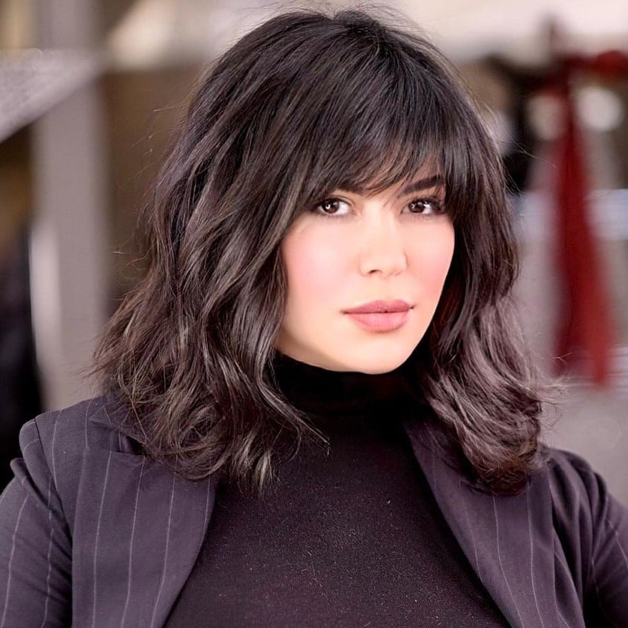 Collarbone Dark Brown With Full Wispy Bangs Collarbone Dark Brown With Full Wispy Bangs — Classy Mid Length Haircuts