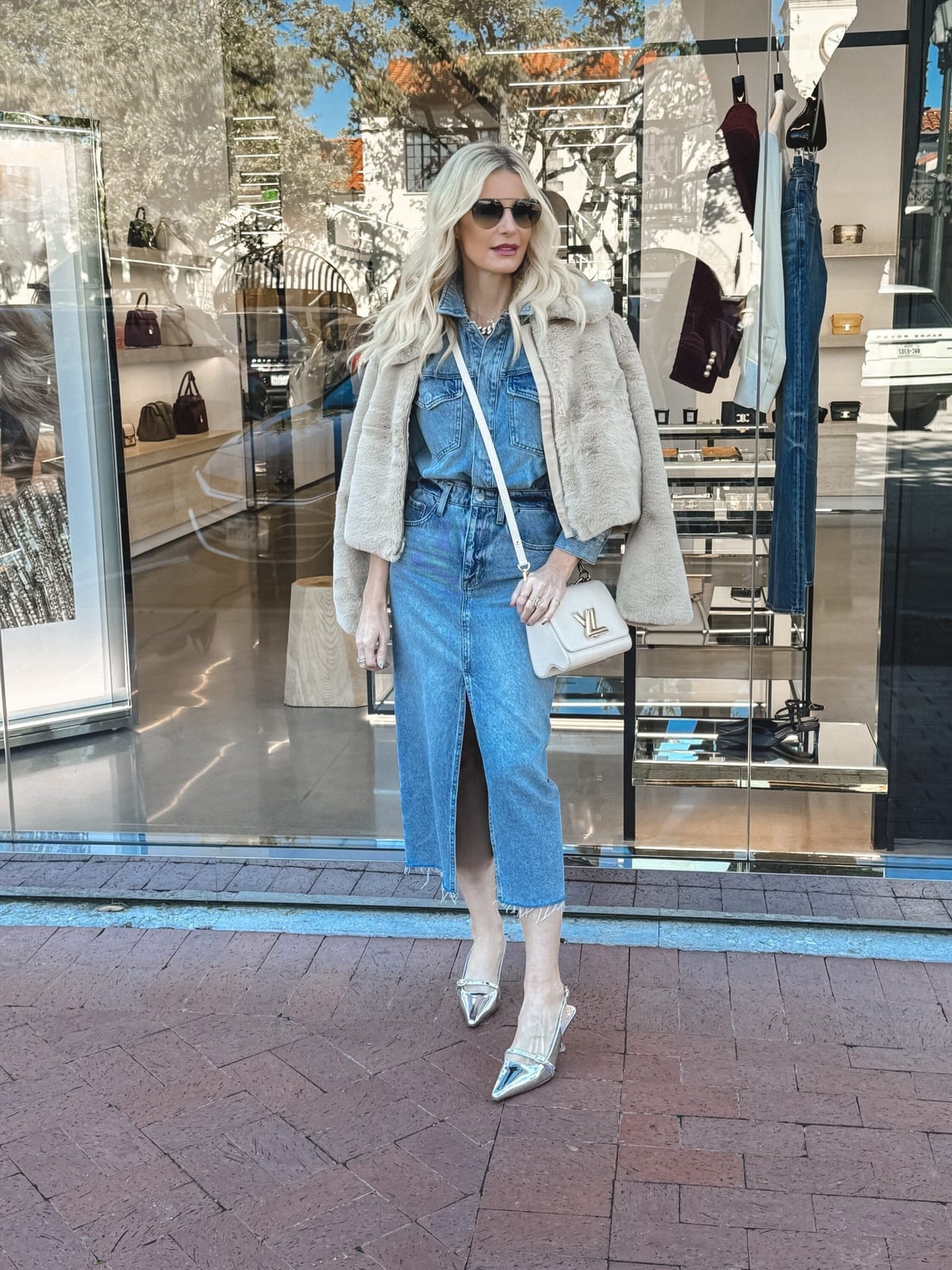 Denim Midi Skirt With Faux Fur Jacket Denim Midi Skirt With Faux Fur Jacket — Classy Mob Wife Outfits