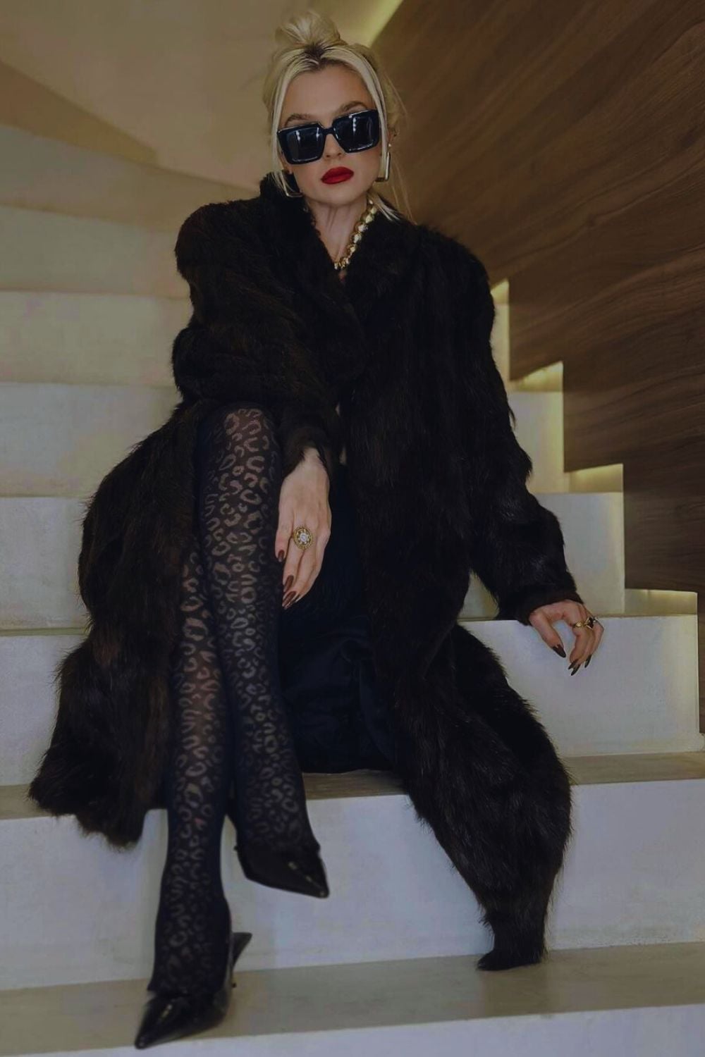 Black Faux Fur Coat With Leopard Tights Black Faux Fur Coat With Leopard Tights — Classy Mob Wife Outfits