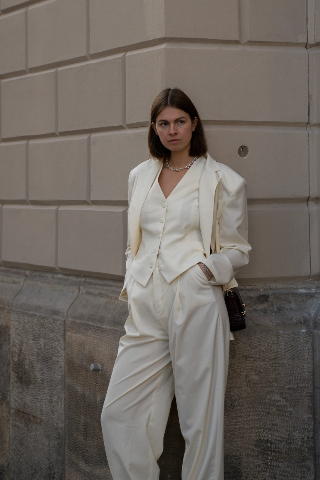 Cream Three-Piece Suit With Wide-Leg Trousers Cream Three-Piece Suit With Wide-Leg Trousers — Classy Mob Wife Outfits
