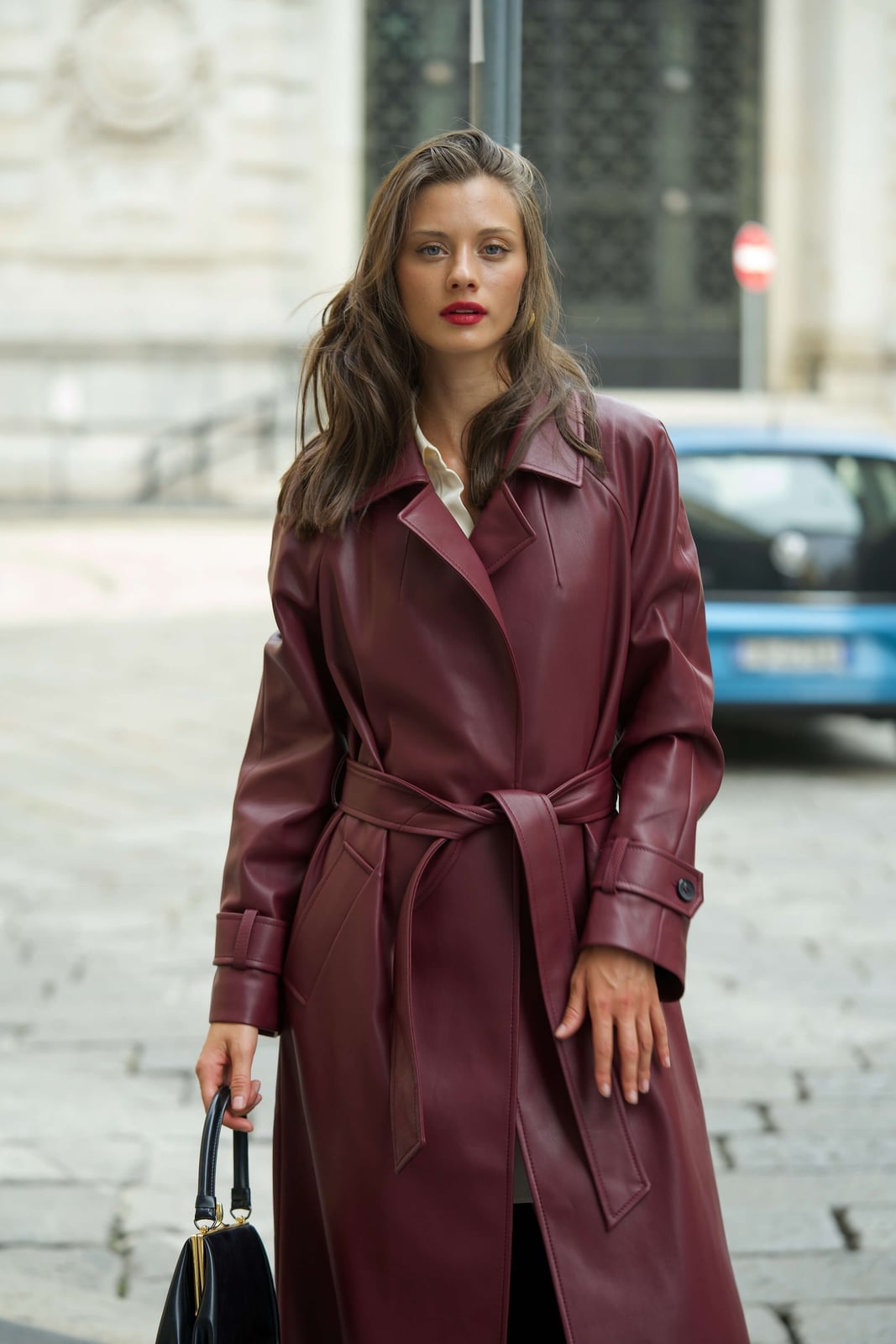 Burgundy Leather Trench Coat With Handbag Burgundy Leather Trench Coat With Handbag — Classy Mob Wife Outfits