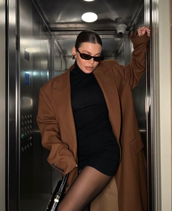 Long Brown Coat Over Black Mini Dress Long Brown Coat Over Black Mini Dress — Classy Mob Wife Outfits