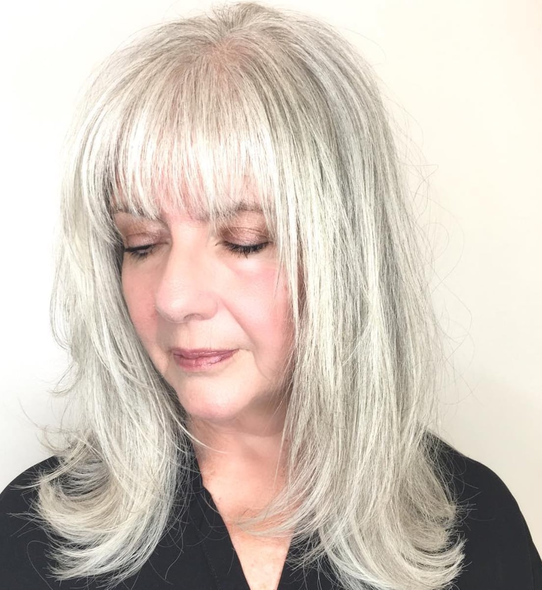 Shoulder Length Grey Hair With Full Bangs Shoulder Length Grey Hair With Full Bangs — Classy Mom Haircuts