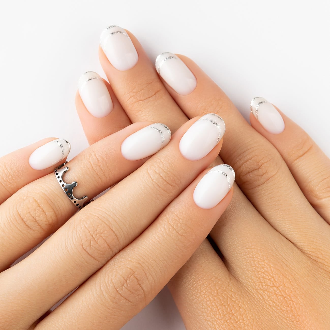 Sheer Pink French Tips With Silver Glitter Outline Short Oval Nails Sheer Pink French Tips With Silver Glitter Outline Short Oval Nails — Classy Mom Nails