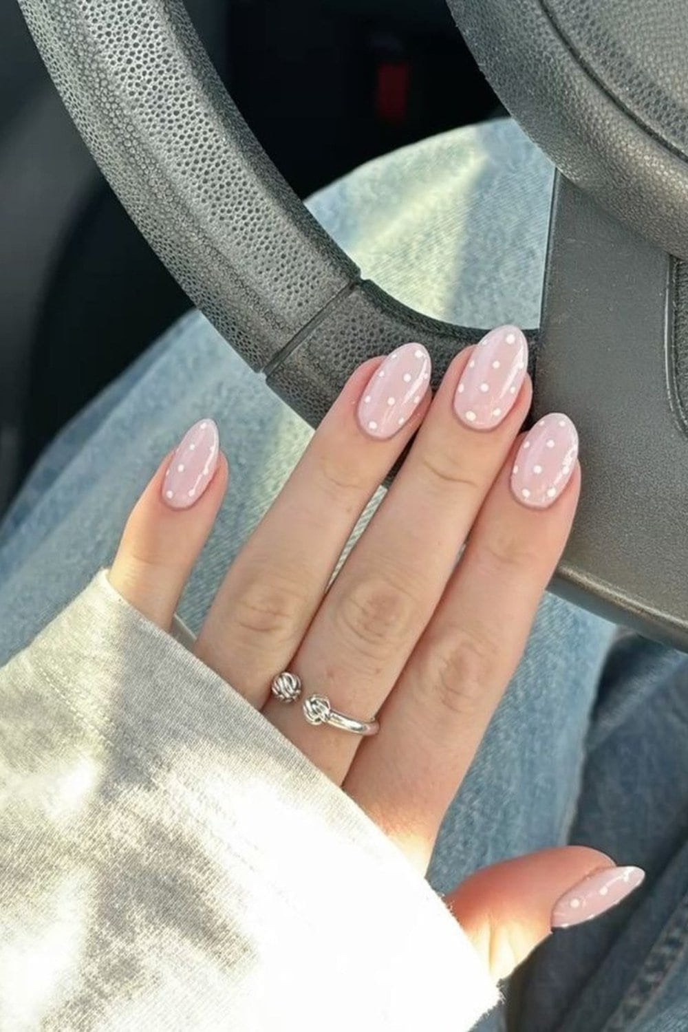 Milky Pink Polka Dot Medium Almond Nails Milky Pink Polka Dot Medium Almond Nails — Classy Mom Nails