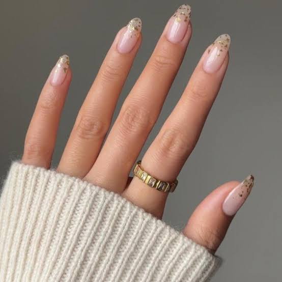Sheer Pink Base Gold Foil Flakes Medium Almond Nails Sheer Pink Base Gold Foil Flakes Medium Almond Nails — Classy Mom Nails