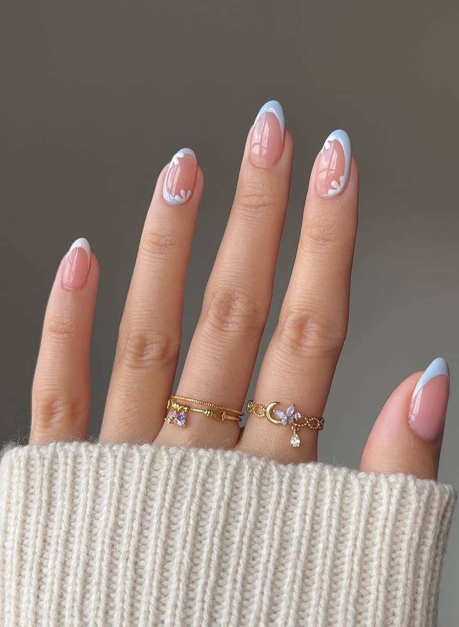 Nude Base Baby Blue French Tip With White Flower Medium, Close-Up Take Nude Base Baby Blue French Tip With White Flower Medium, Close-Up Take — Classy Mom Nails