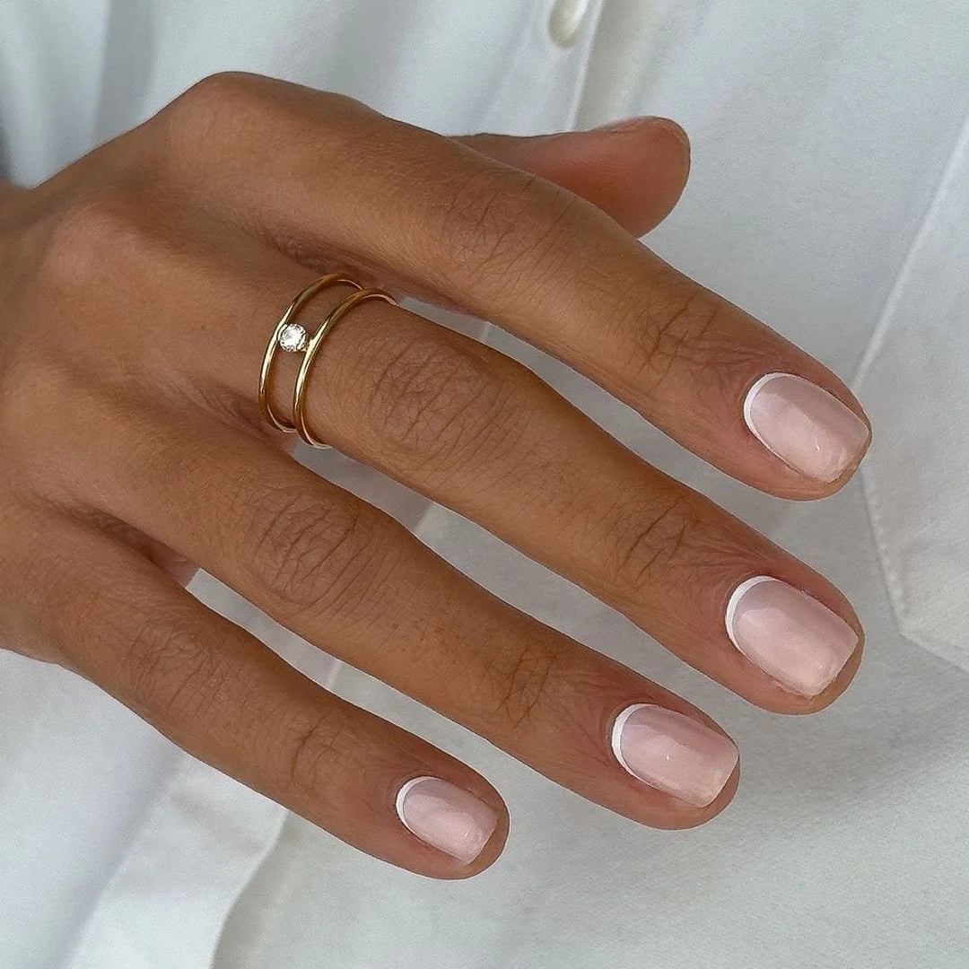 Sheer Pink Base White French Tip Short Square Nails Sheer Pink Base White French Tip Short Square Nails — Classy Mom Nails