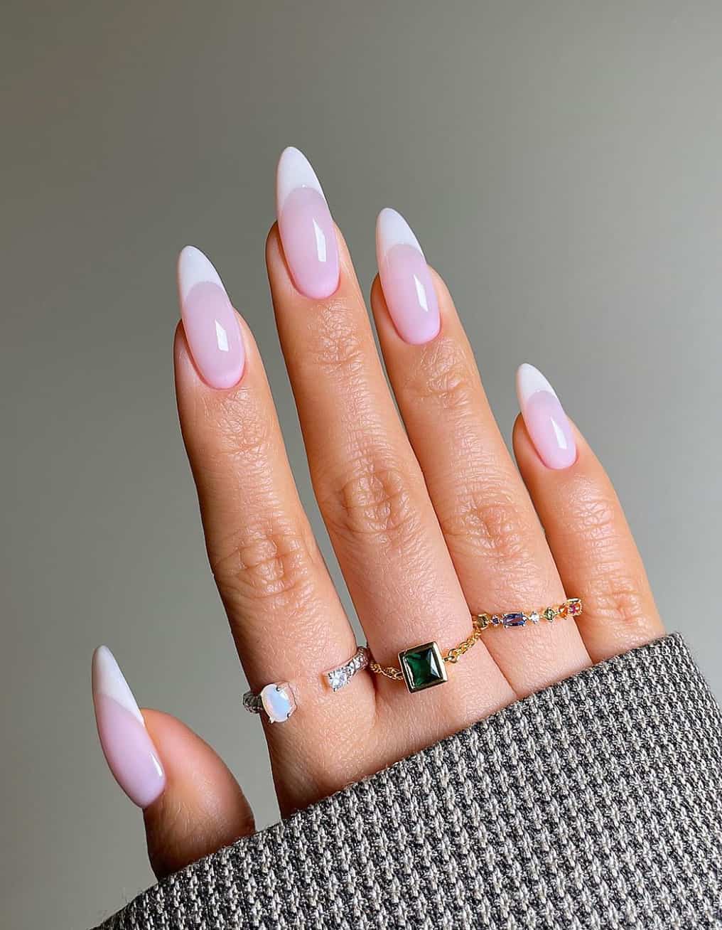Sheer Pink Base White French Tip Long Almond Nails, Glossy Sheer Pink Base White French Tip Long Almond Nails, Glossy — Classy Mom Nails