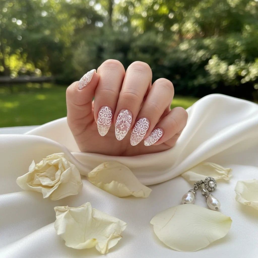 White Lace Pattern Medium Oval Nails White Lace Pattern Medium Oval Nails — Classy Mom Nails