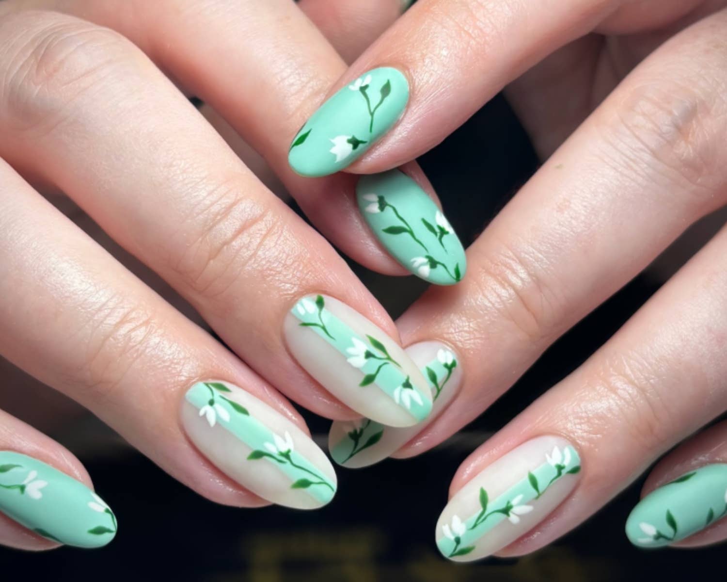 Matte Mint Green Floral Medium Almond Nails Matte Mint Green Floral Medium Almond Nails — Classy Mom Nails