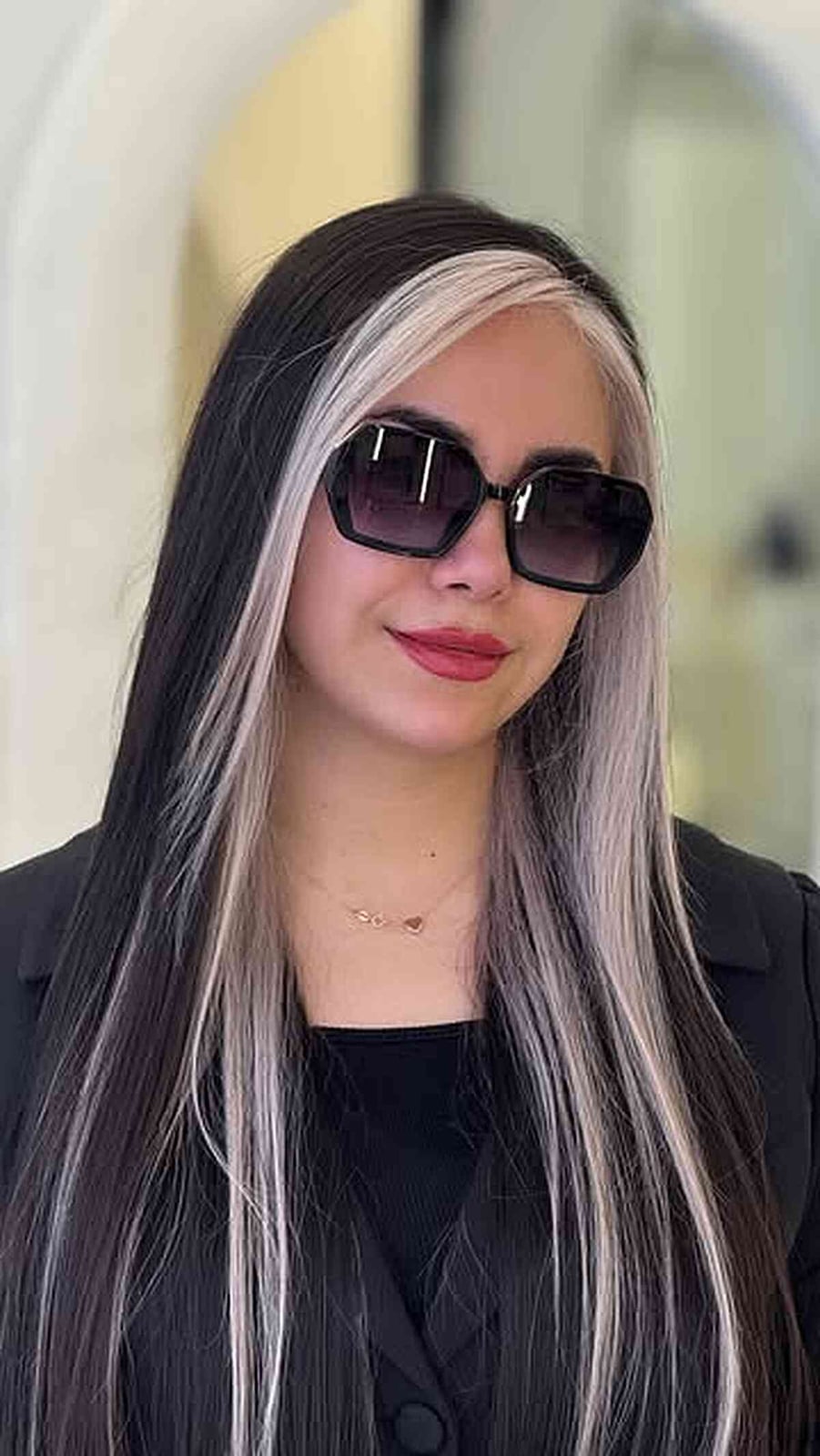 Black Jacket and Top with White Face-Framing Highlights — Classy Money Piece