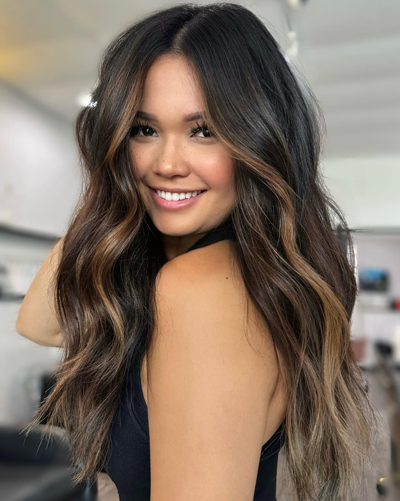 Black Tank Top with Blonde Money Piece Framing Dark Brown Hair — Classy Money Piece