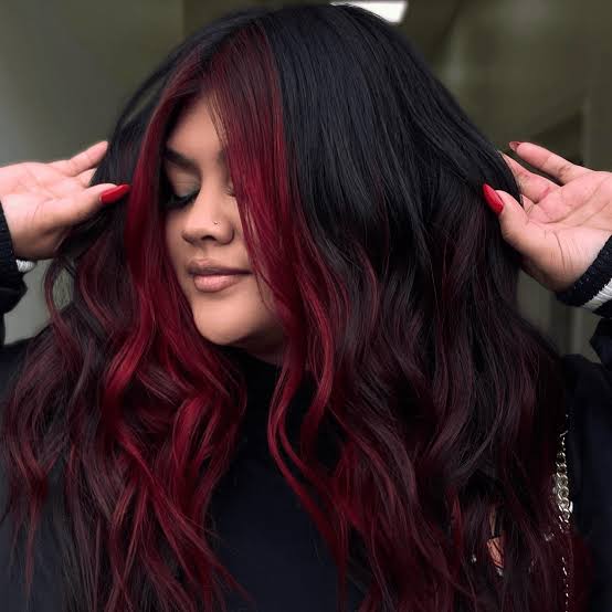 Wavy Dark Hair with a Striking Red Money Piece Accent — Classy Money Piece