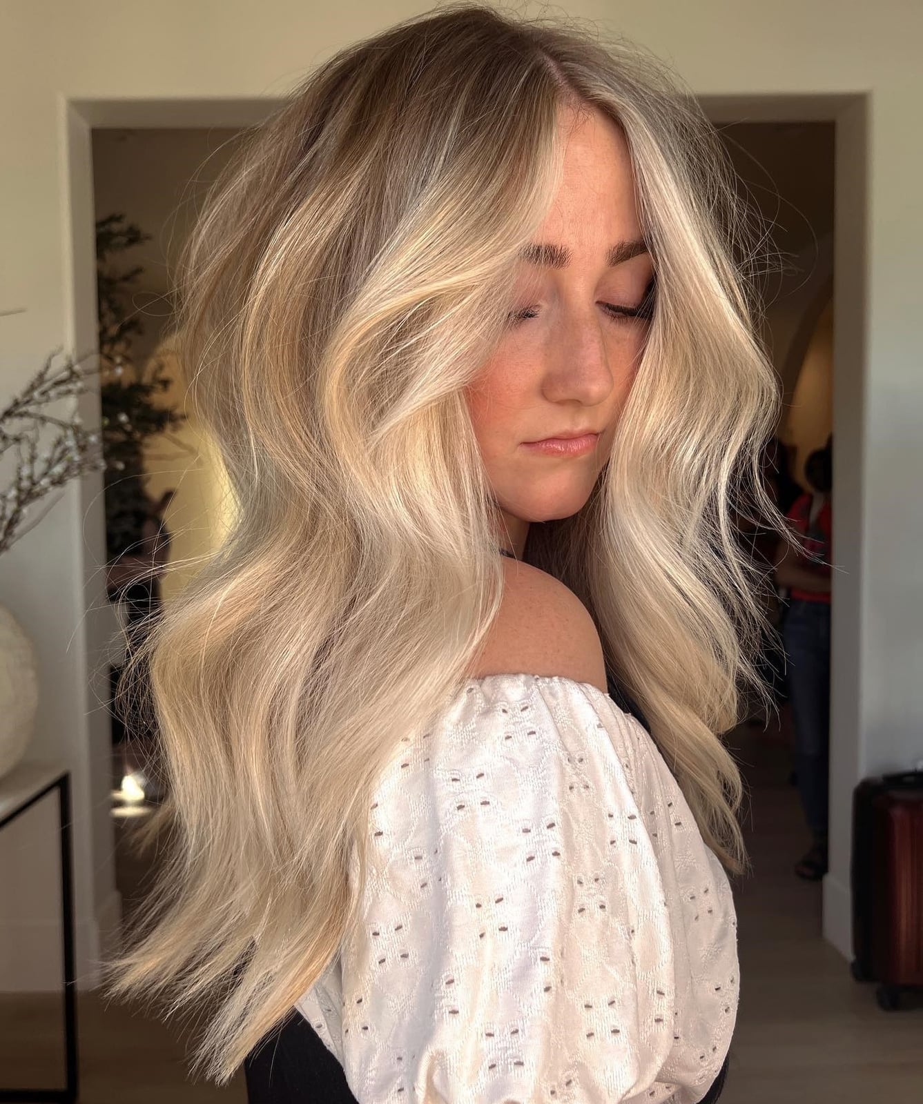 White Textured Off-The-Shoulder Top with Blonde Money Piece — Classy Money Piece