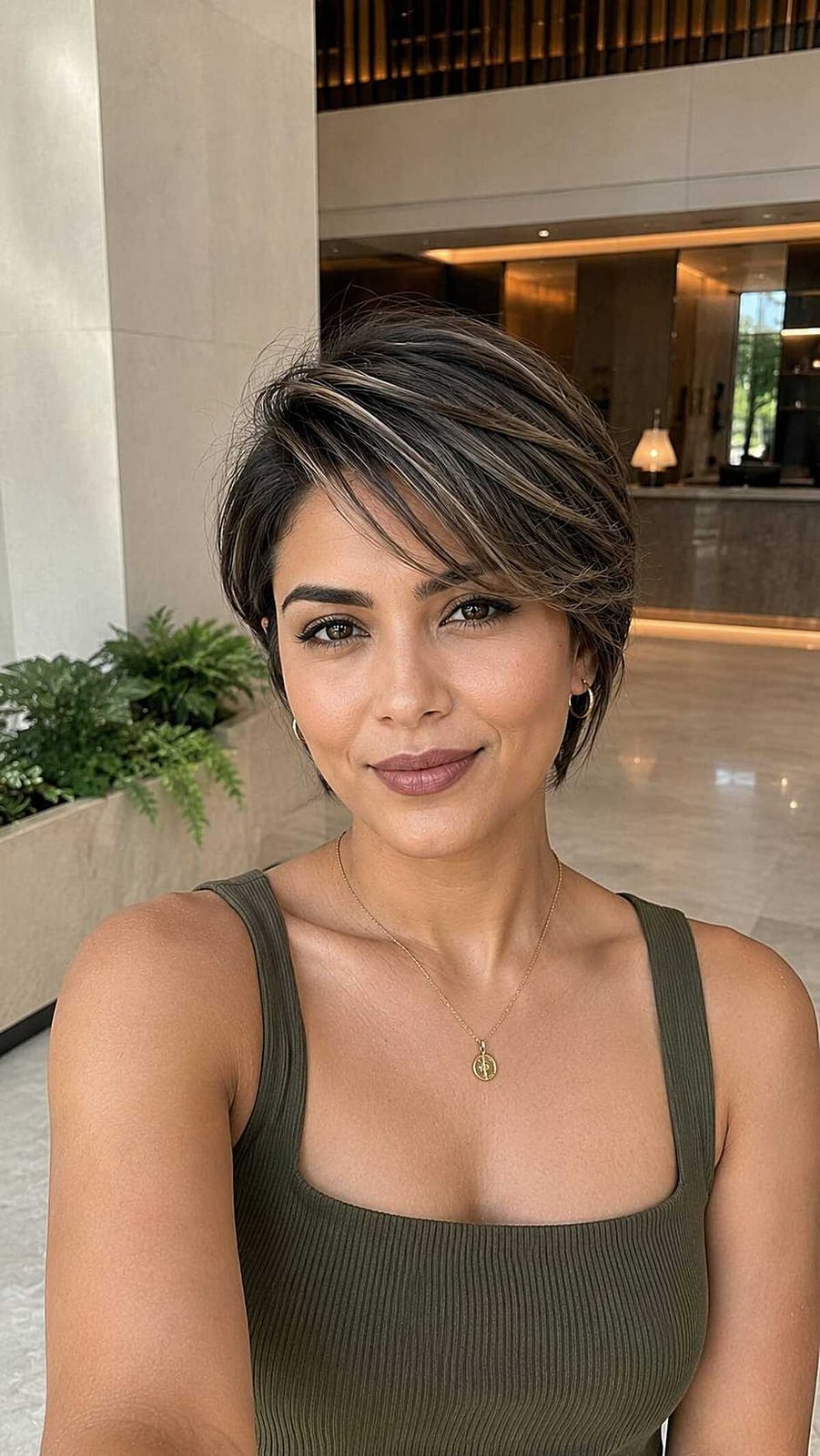 Olive Green Tank Top with Blonde Highlights and Gold Jewelry — Classy Money Piece