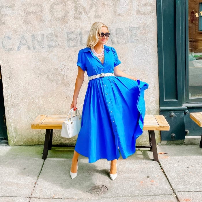 Vibrant Blue Shirt Dress With White Belt — Classy Movies Dresses