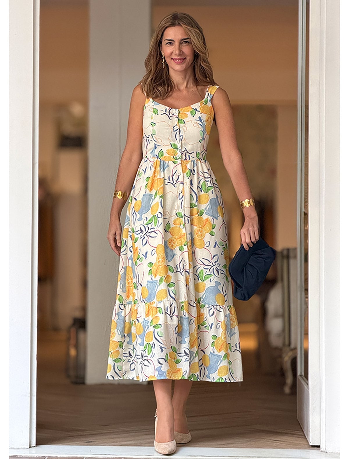Yellow Lemon and Floral Print Fit-And-Flare Midi Dress — Classy Mujer Outfits