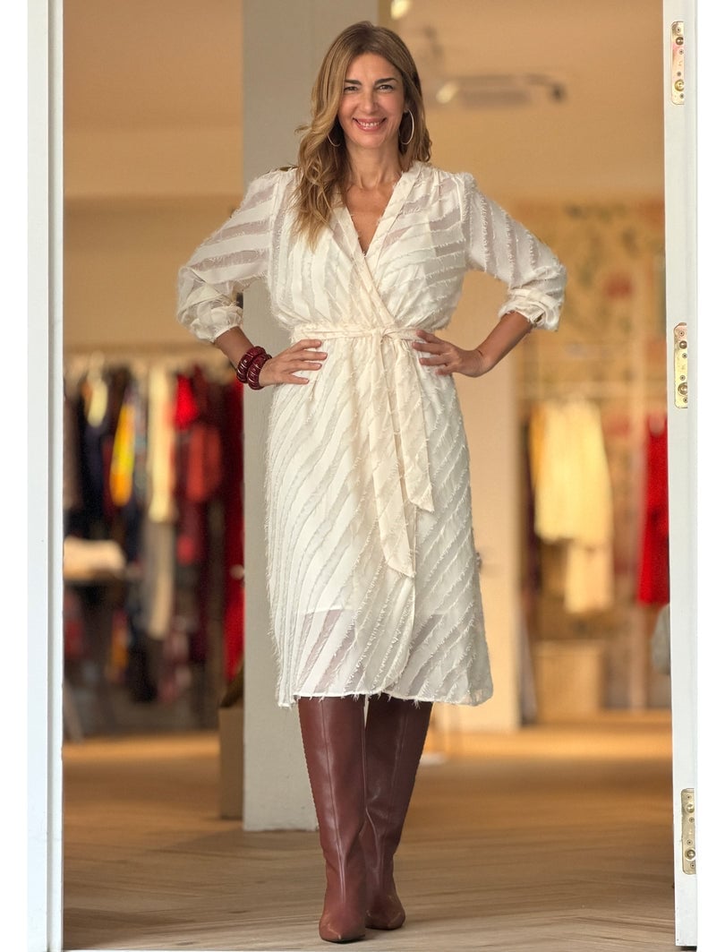 White Textured Sheer Wrap Dress with Brown Knee-High Boots — Classy Mujer Outfits