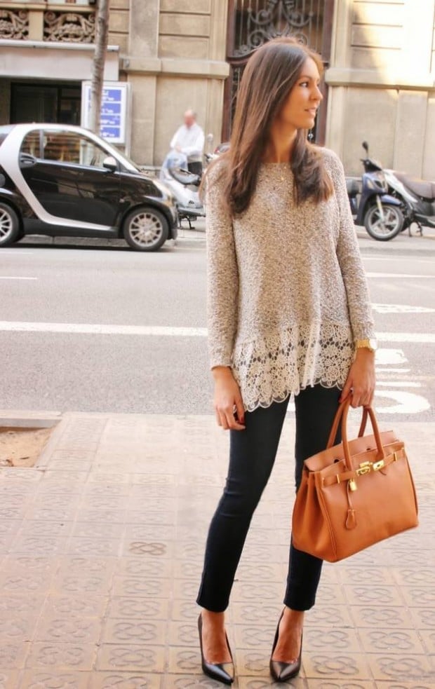 Beige Knit Sweater with White Lace Trim and Black Pants — Classy Mujer Outfits