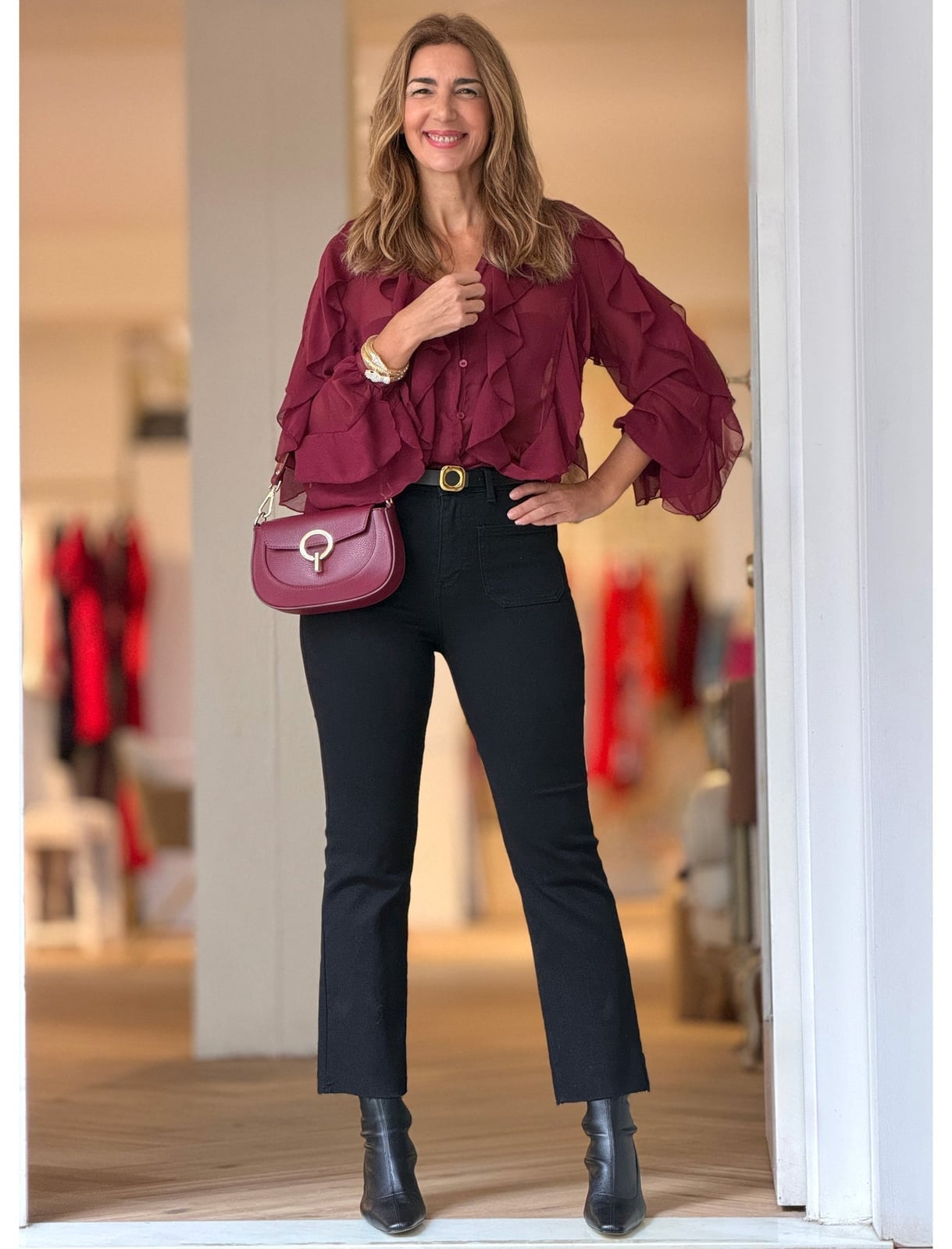 Burgundy Sheer Blouse with Ruffled Sleeves and Black Cropped Pants — Classy Mujer Outfits
