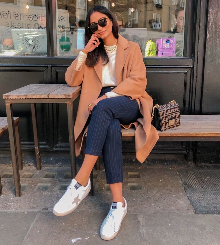 Camel Wool Coat Over White Sweater and Navy Pinstripe Trousers — Classy Mujer Outfits