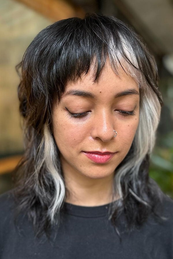 Dark Mullet Shag With High-Contrast Highlights Dark Mullet Shag With High-Contrast Highlights — Classy Mullet Hair