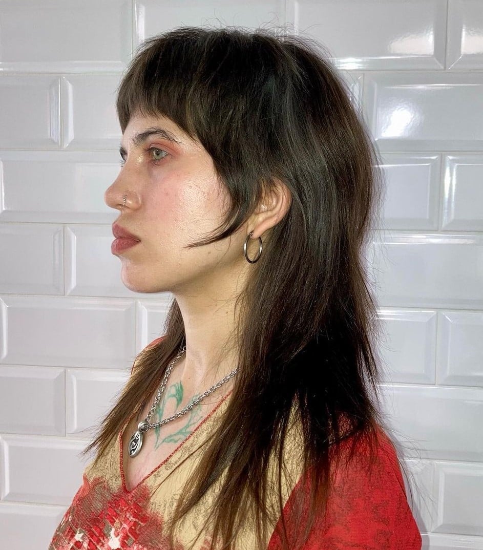 Dark Brown Mullet With Choppy Bangs and Air Dried Dark Brown Mullet With Choppy Bangs and Air Dried — Classy Mullet Hair